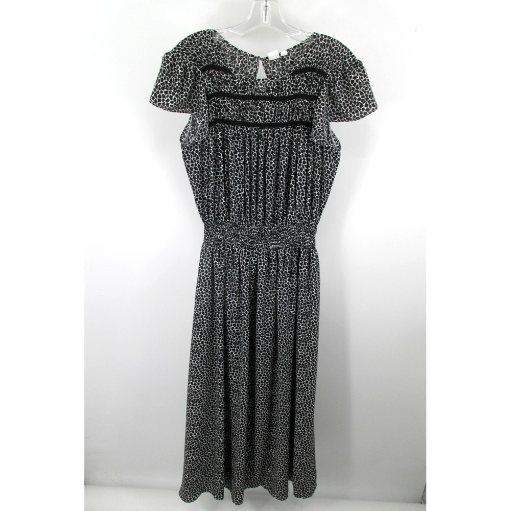 GAP Maxi Dress Womens Medium Tall Black White Short Sleeve Smocked Peplum Lined